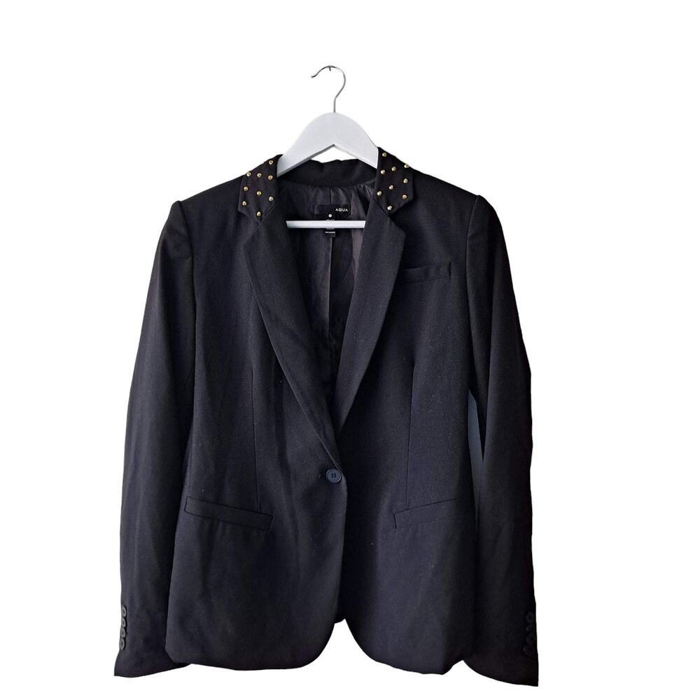 Aqua Blazer Jacket Single Breasted Long Sleeve Studded Collar Black Womens 4